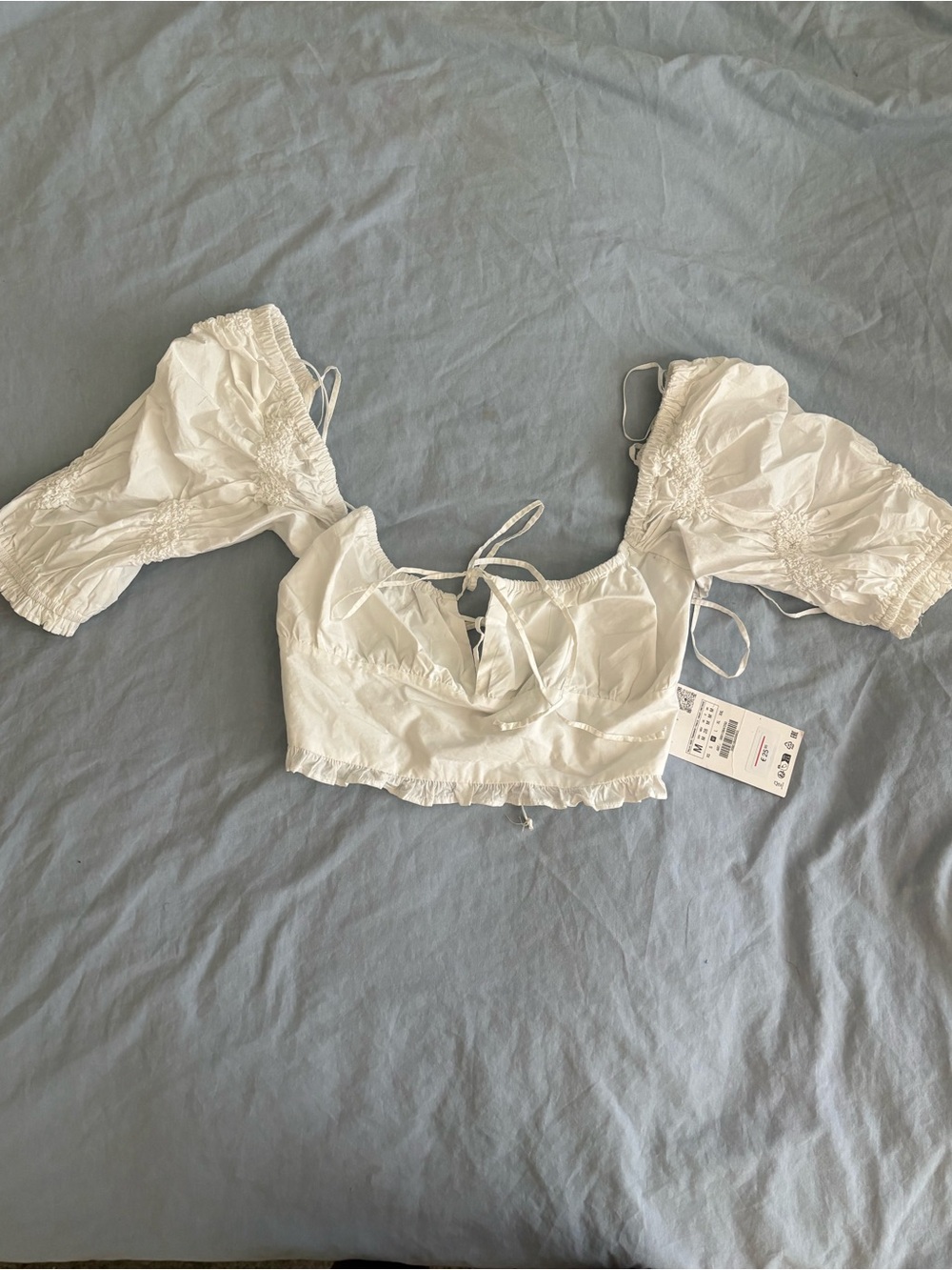 Zara White Puff-Sleeve Tie-Front Crop Top